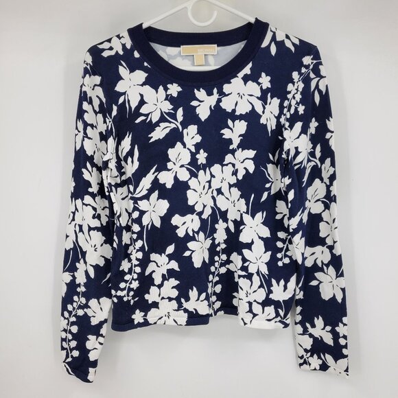 Michael Kors Navy Blue and White Floral Print Crewneck Sweater Top Shirt Large - Picture 3 of 9